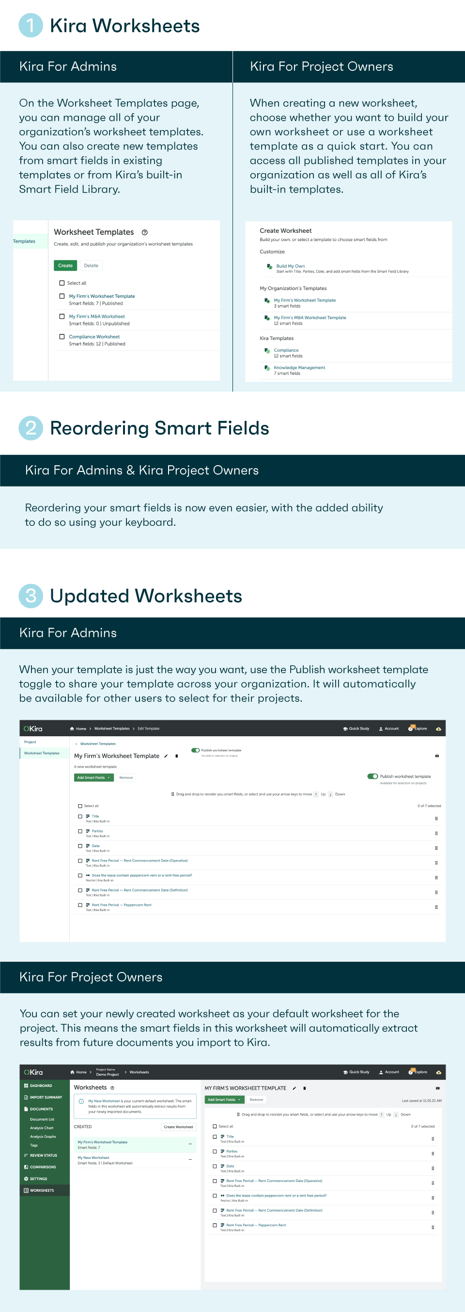 Overview of Kira Worksheets, Reordering Smart Fields, Updated Worksheets