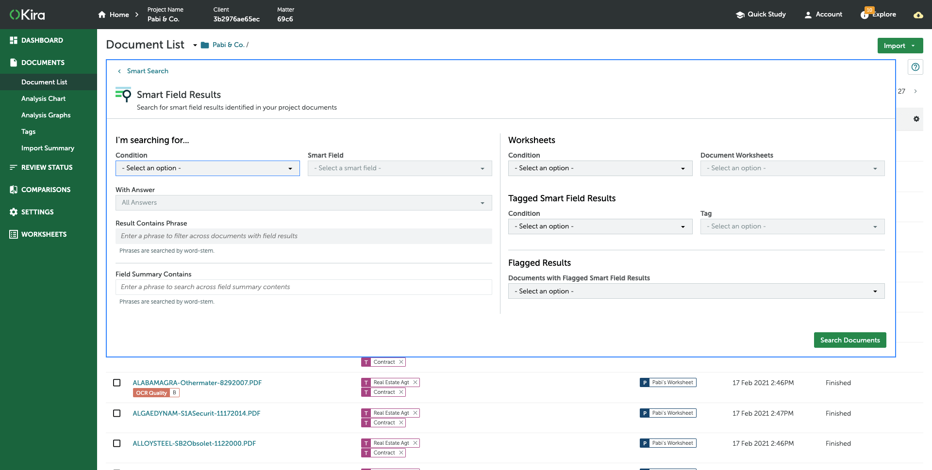 Screenshot of using Kira&rsquo;s Smart Search functionality